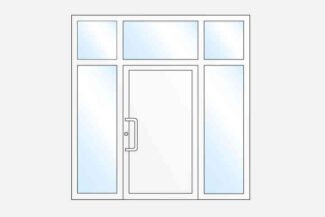 Single-leaf entrance door with two sidelights and toplight